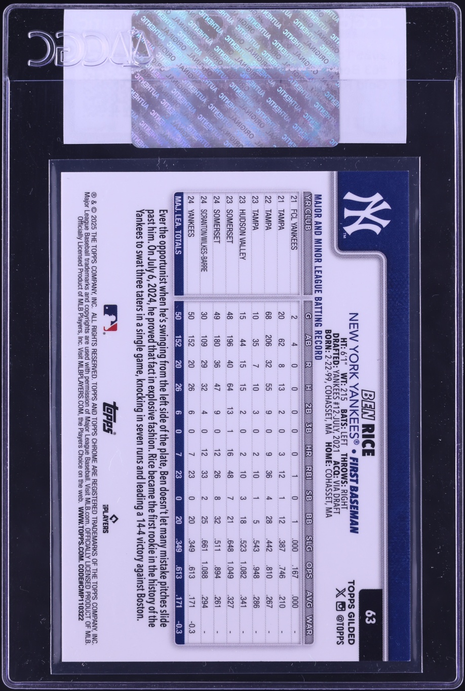 2025 Topps Chrome Gilded Collection Gold Raywave Refractor Ben Rice ROOKIE /25 #63 CGC AUTH