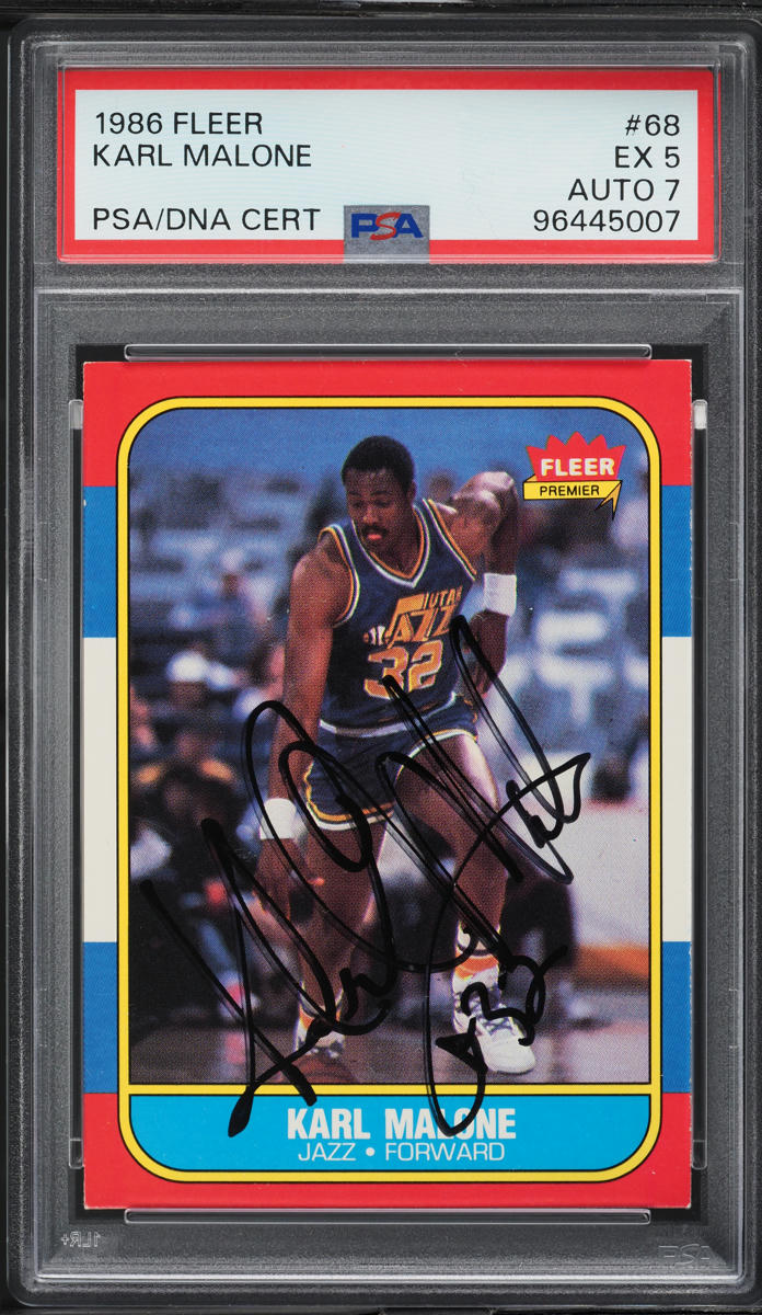 1986 Fleer Basketball Karl Malone ROOKIE AUTO DNA 7 #68 PSA 5 EX