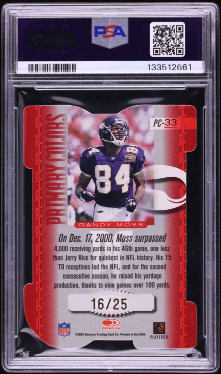 2001 Donruss Elite Primary Colors Red Die Cut Randy Moss /25 #PC33 PSA 8 NM-MT - Photo 2