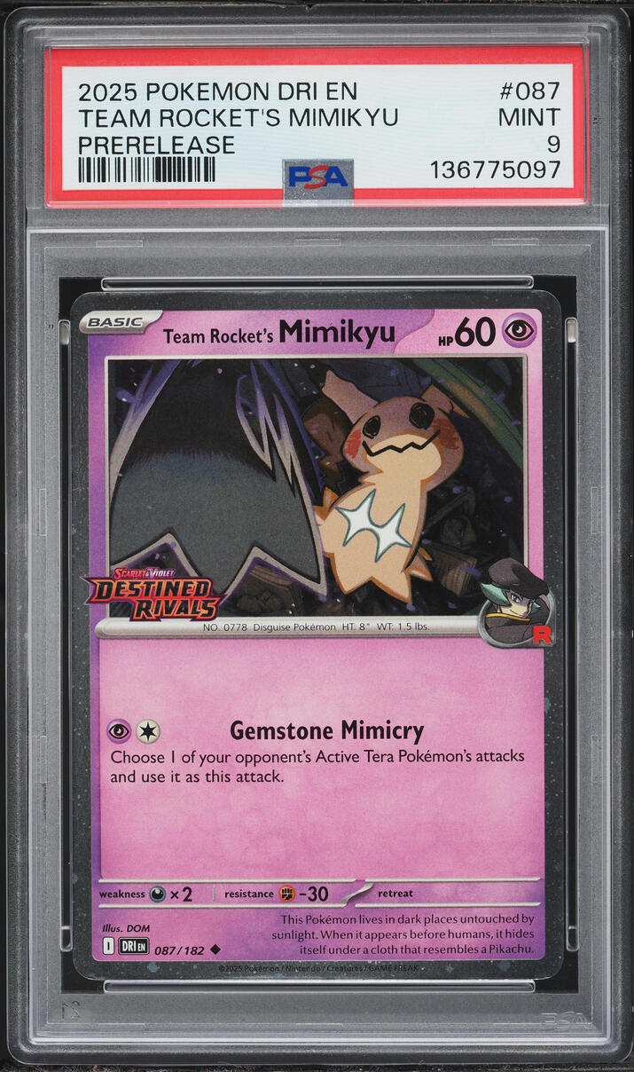 2025 Pokemon Scarlet & Violet Destined Rivals Prerelease Team Rocket's Mimikyu #87 PSA 9 MINT