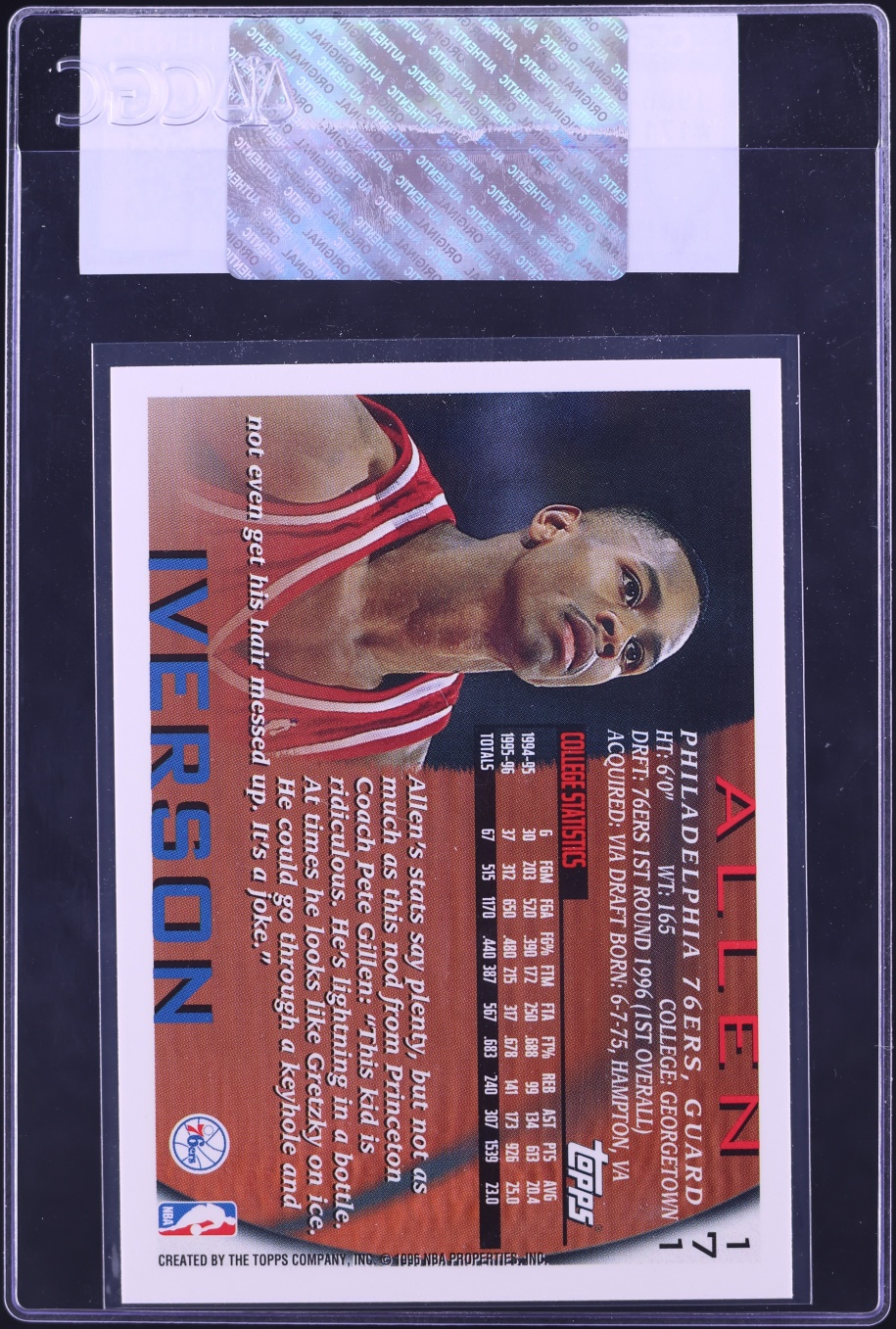 1996 Topps Basketball Allen Iverson ROOKIE #171 CGC AUTH