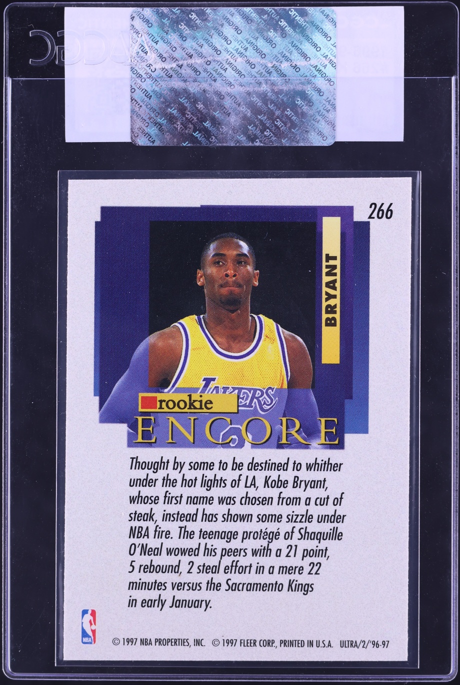 1996 Ultra Basketball Kobe Bryant ROOKIE #266 CGC AUTH