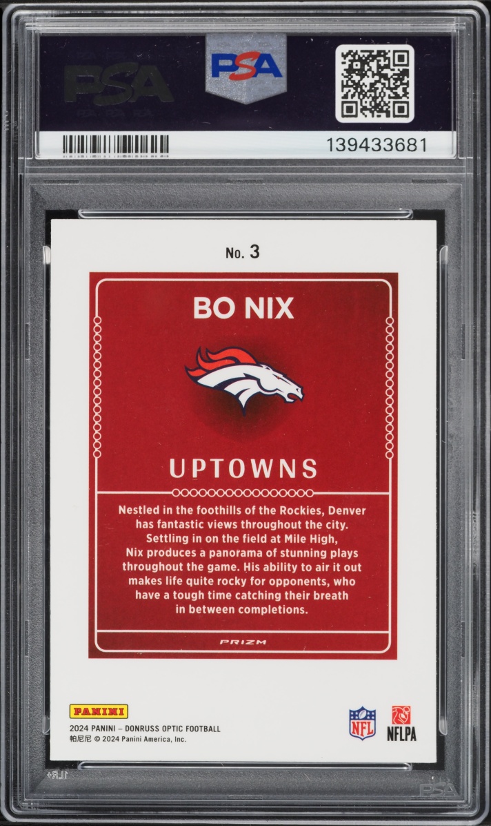 2024 Donruss Optic Uptowns Prizm Bo Nix ROOKIE #3 PSA 9 MINT