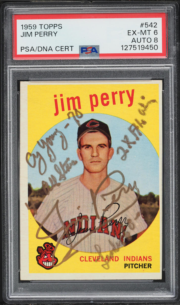 1959 Topps Jim Perry ROOKIE AUTO DNA 8 #542 PSA 6 EXMT