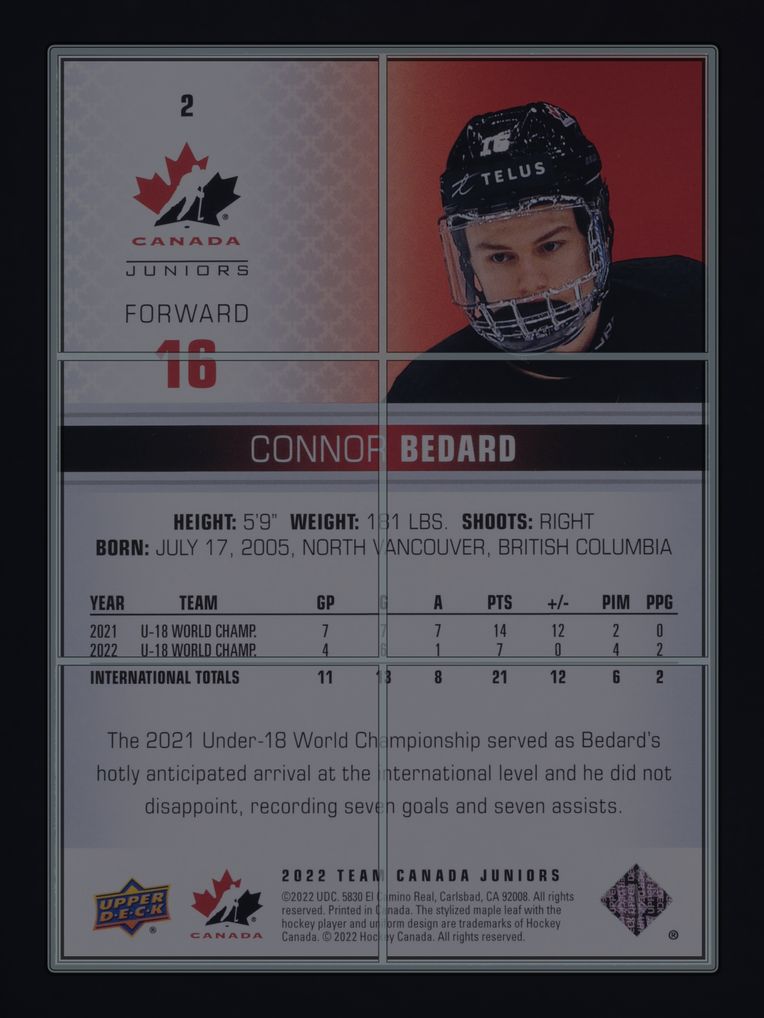 2022 Upper Deck Team Canada Juniors Red Connor Bedard ROOKIE #2 MBA AUTH