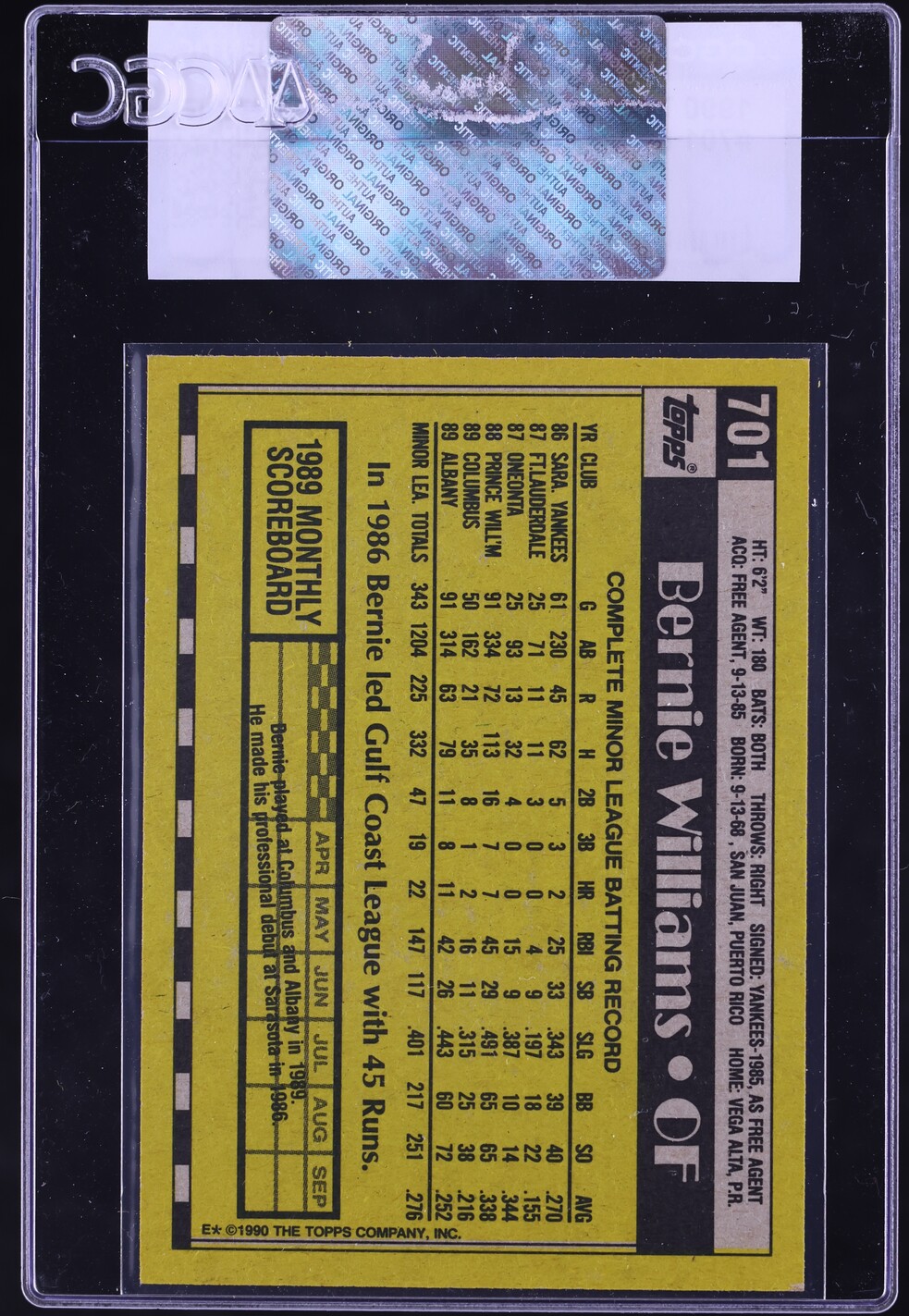1990 Topps Bernie Williams ROOKIE #701 CGC AUTH