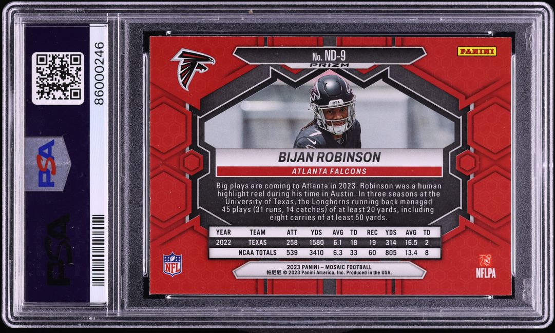 2023 Panini Mosaic Reactive Yellow Bijan Robinson ROOKIE #ND-9 PSA 9 MINT