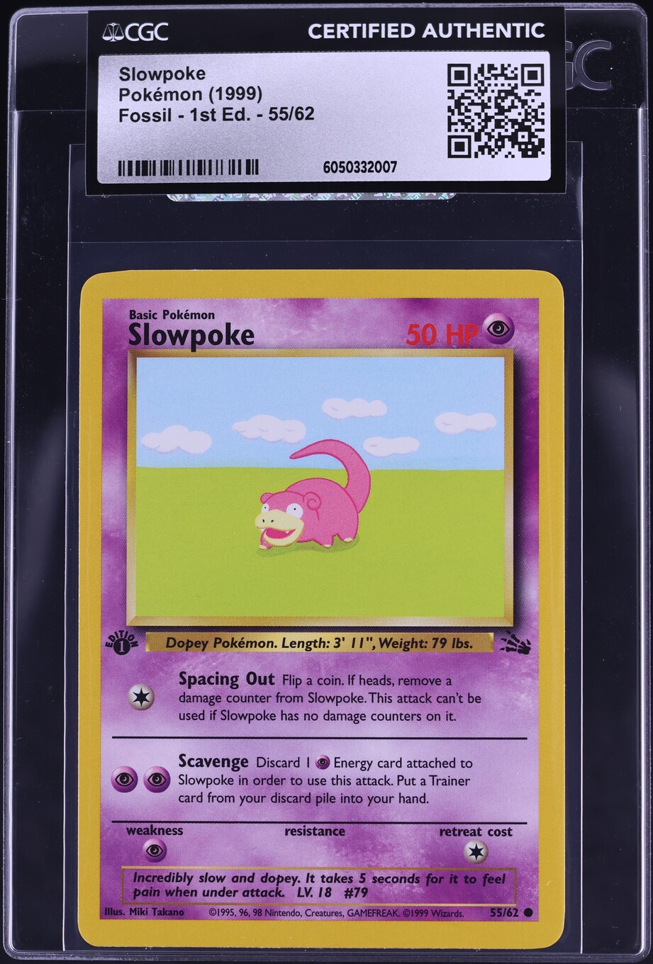 1999 Pokemon Fossil 1st Edition Slowpoke #55 CGC AUTH