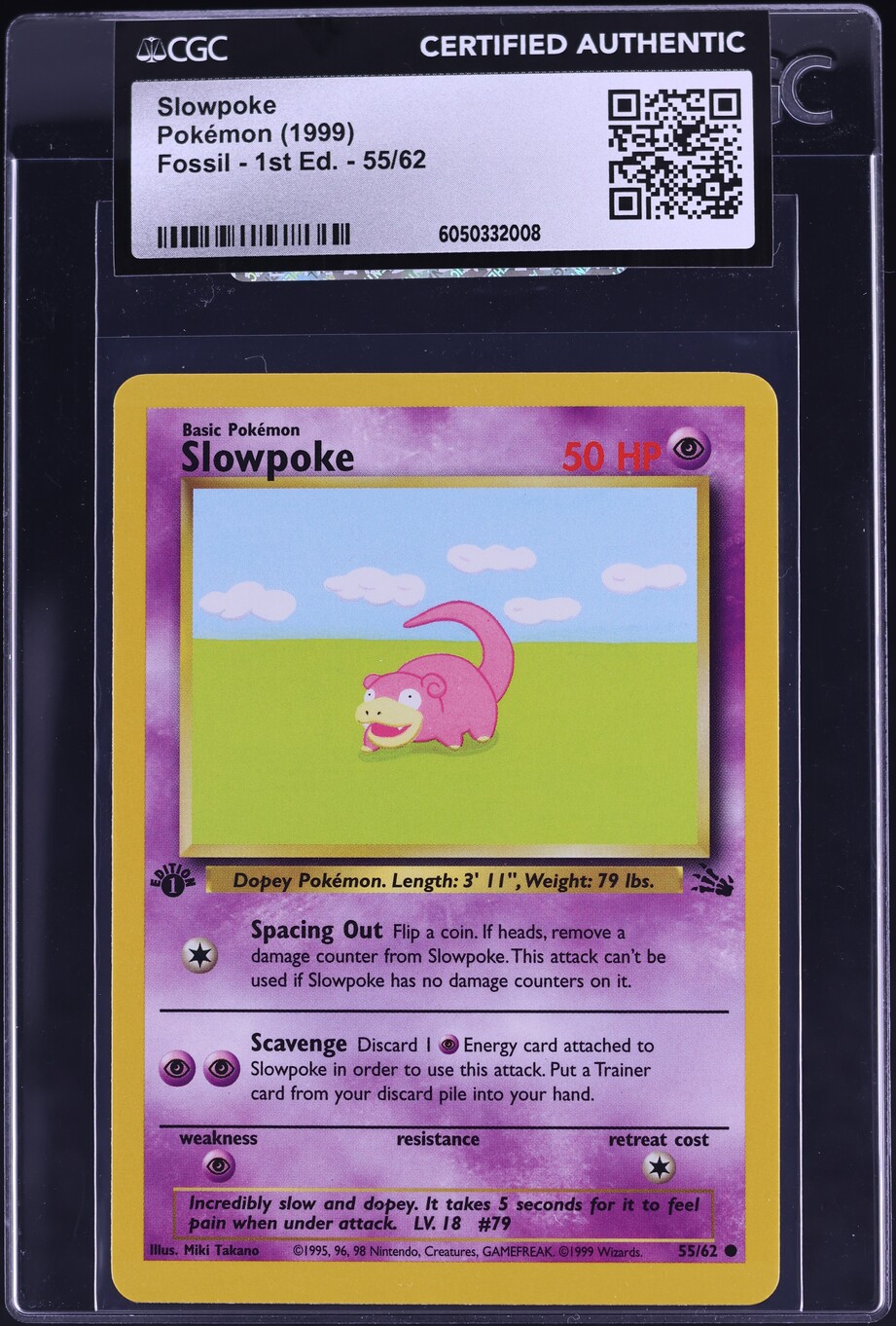 1999 Pokemon Fossil 1st Edition Slowpoke #55 CGC AUTH