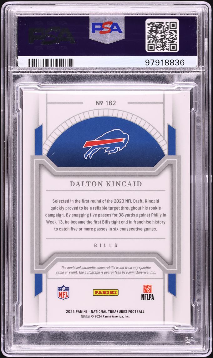 2023 National Treasures Dalton Kincaid ROOKIE NFL SHIELD PATCH AUTO 1/1 #162 PSA 8 NM-MT