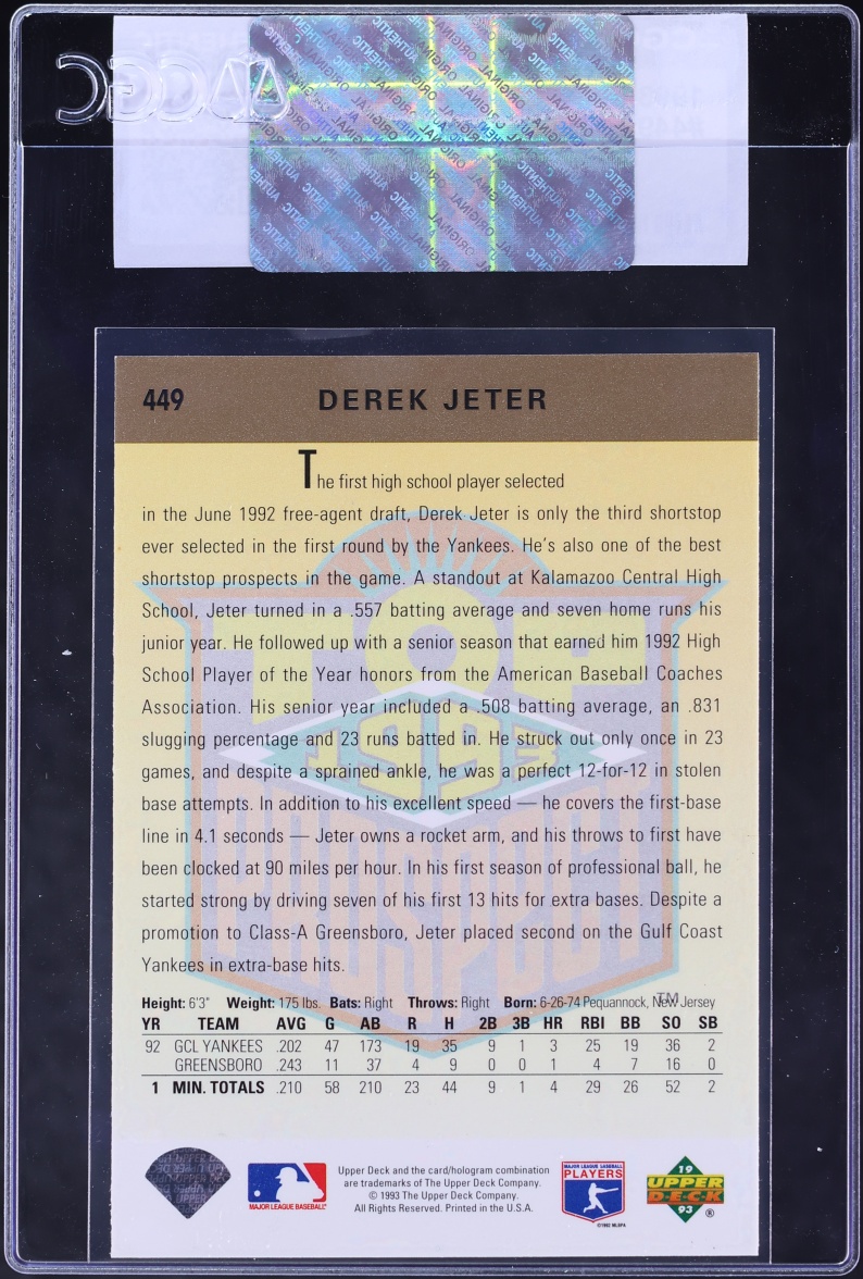 1993 Upper Deck Top Derek Jeter ROOKIE #449 CGC AUTH