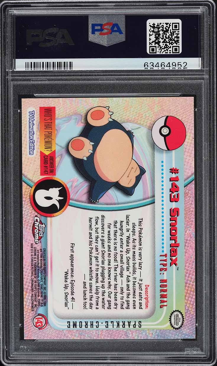 2000 Topps Chrome Pokemon Series 2 Sparkle Snorlax #143 PSA 10 GEM MINT