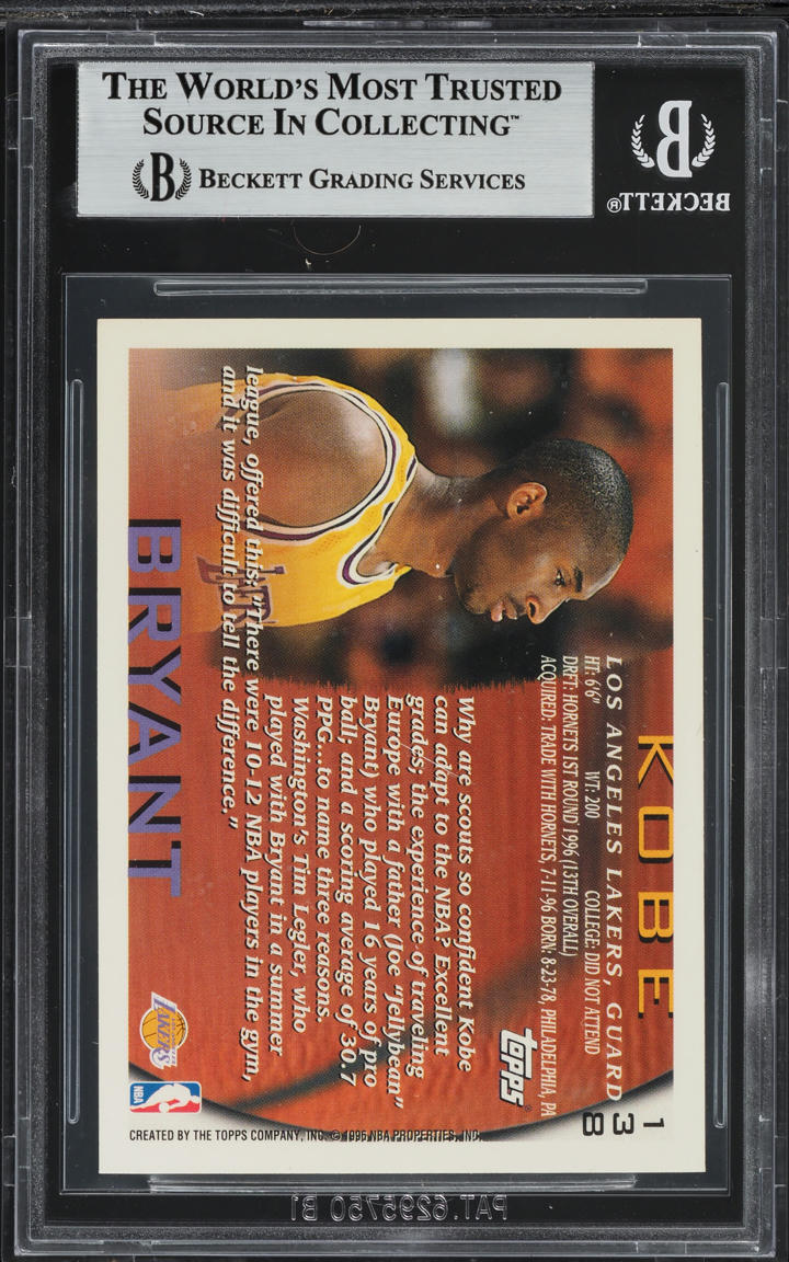 1996 Topps Basketball Kobe Bryant ROOKIE #138 BGS 7.5 NRMT+