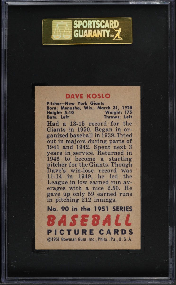 1951 Bowman Dave Koslo #90 SGC 7 NRMT