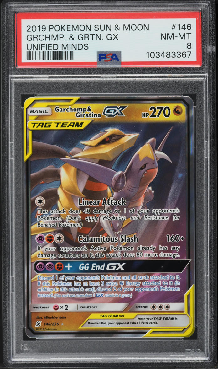 2019 Pokemon Sun & Moon Unified Minds Garchomp & Giratina GX #146 PSA 8 NM-MT