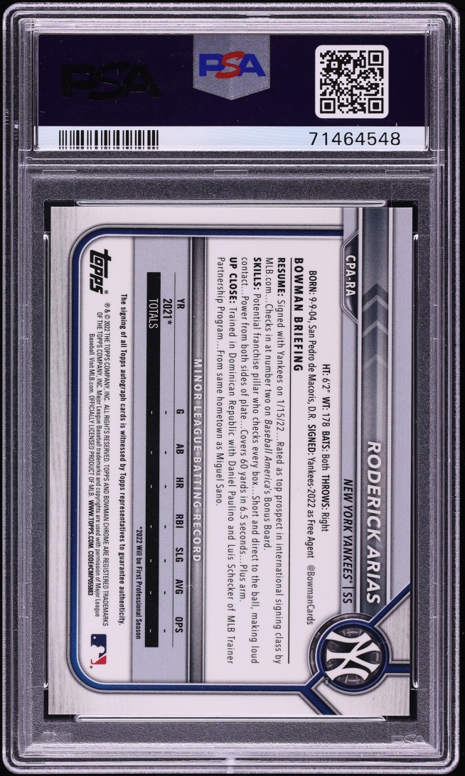2022 Bowman Chrome Roderick Arias PROSPECT AUTO #CPA-RA PSA 10 GEM MINT