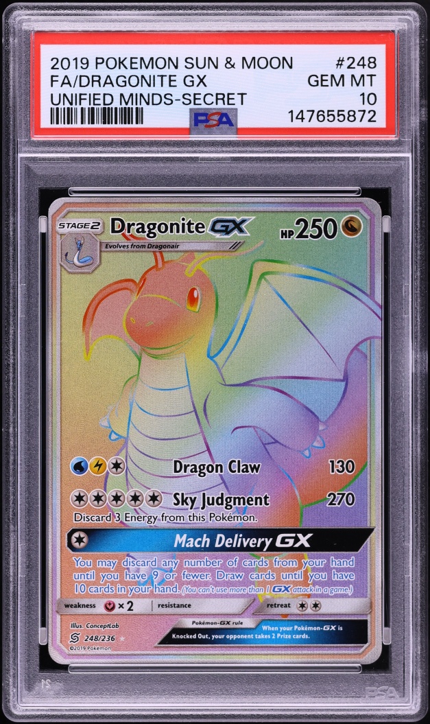 2019 Pokemon Sun & Moon Unified Minds Rainbow Rare Dragonite GX #248 PSA 10 GEM MINT