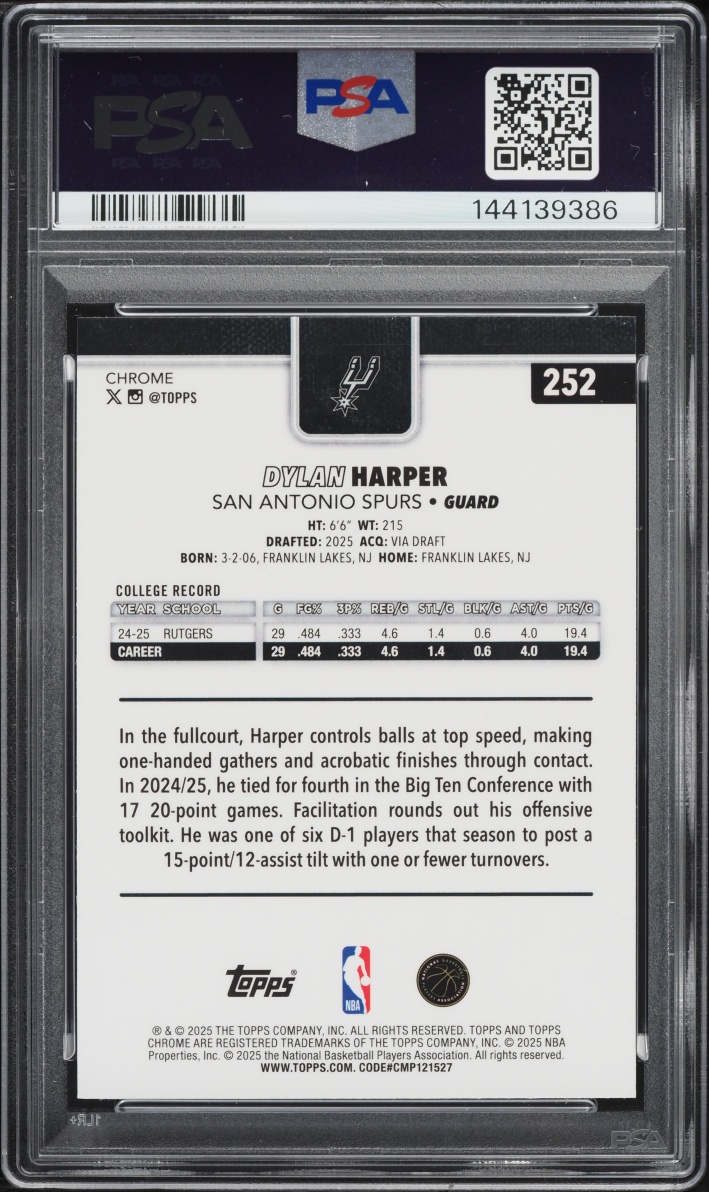 2025 Topps Chrome Dylan Harper ROOKIE #252 PSA 8 NM-MT