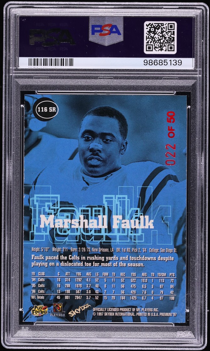 1997 Skybox Premium Rubies Marshall Faulk /50 #116SR PSA 8 NM-MT - Photo 2