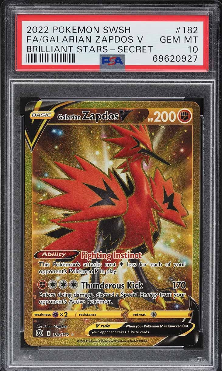2022 Pokemon Sword & Shield Brilliant Stars Gold Rare Galarian Zapdos V #182 PSA 10 GEM MINT