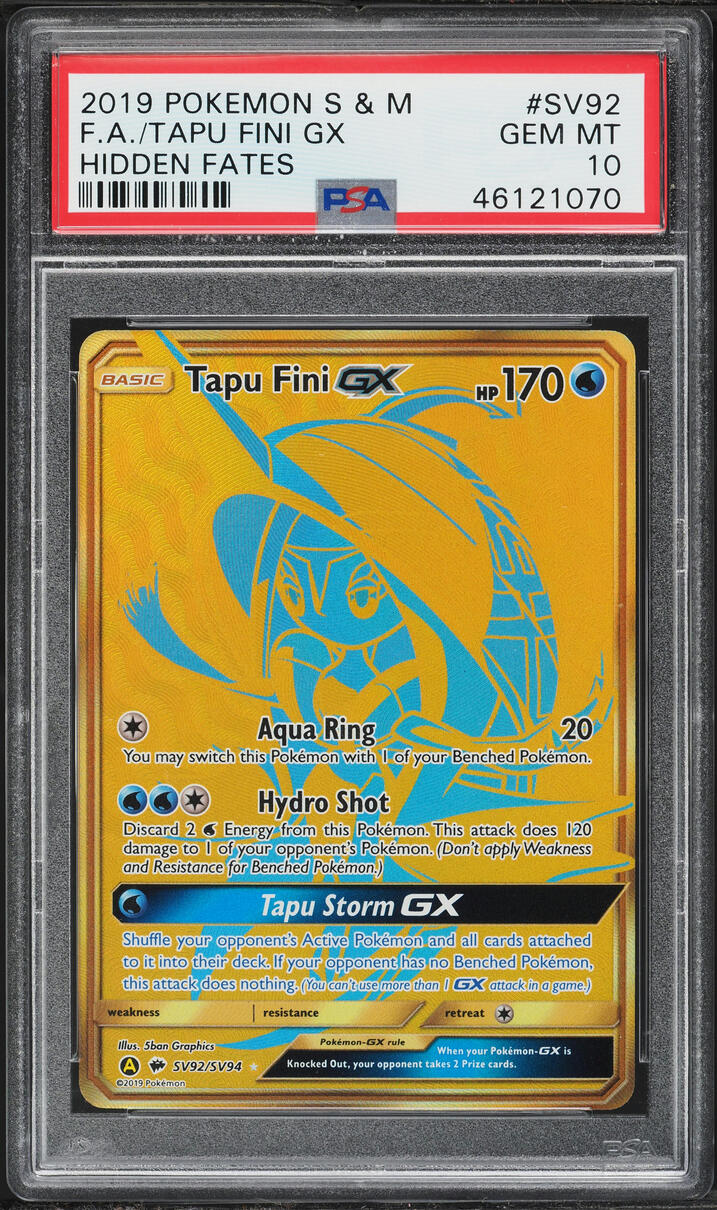 2019 Pokemon Sun & Moon Hidden Fates Full Art Tapu Fini GX #SV92 PSA 10 GEM MINT