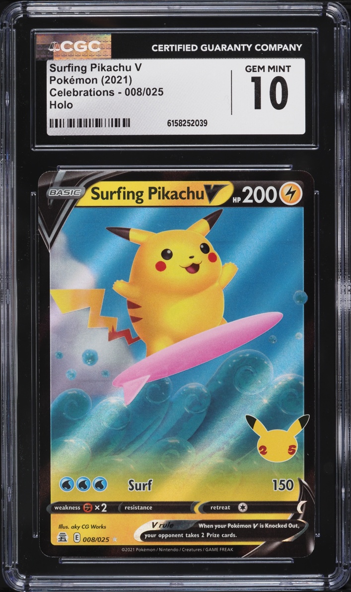 2021 Pokemon Sword & Shield Celebrations Holo Surfing Pikachu V #8 CGC 10 GEM MINT