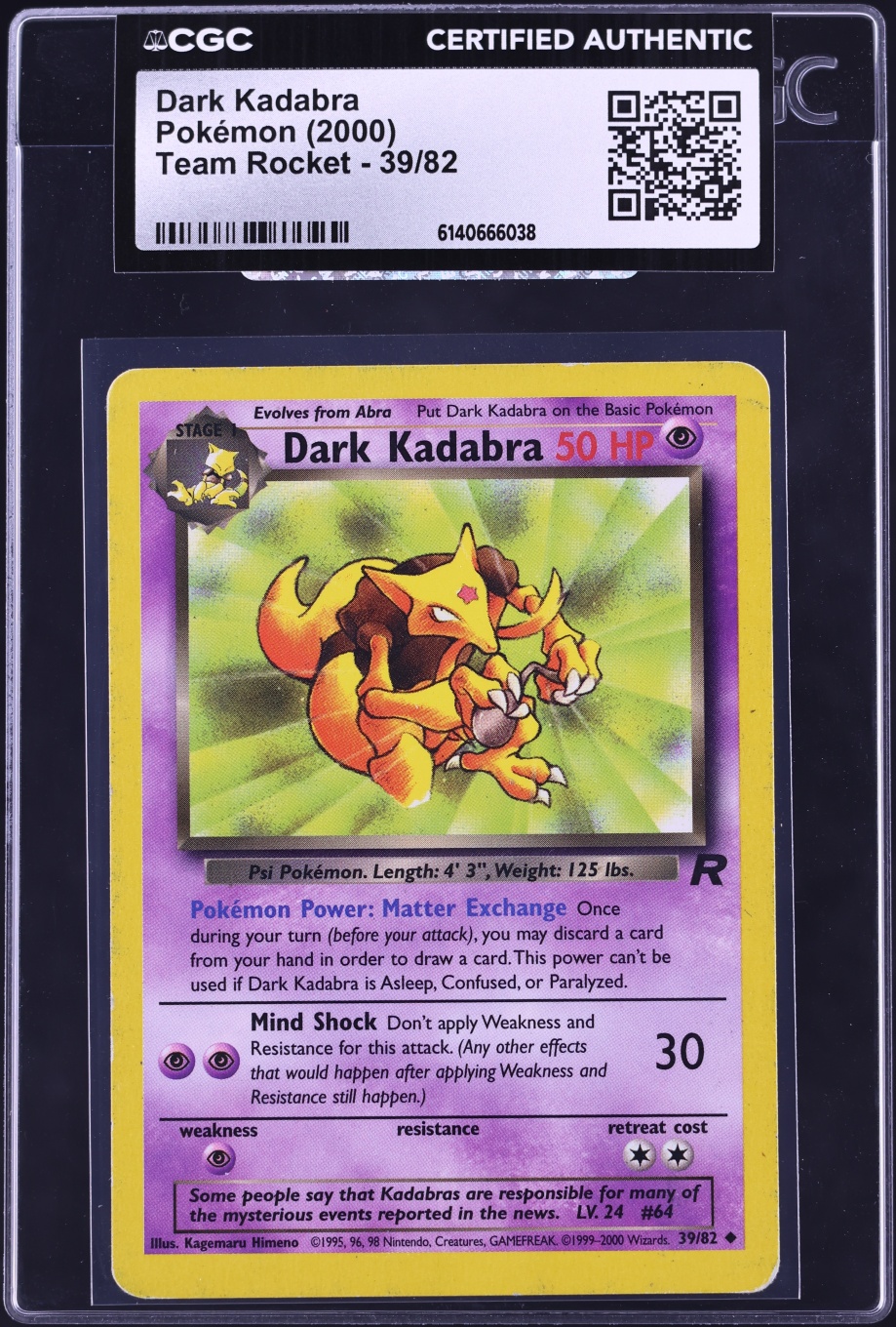 2000 Pokemon Team Rocket Dark Kadabra #39 CGC AUTH
