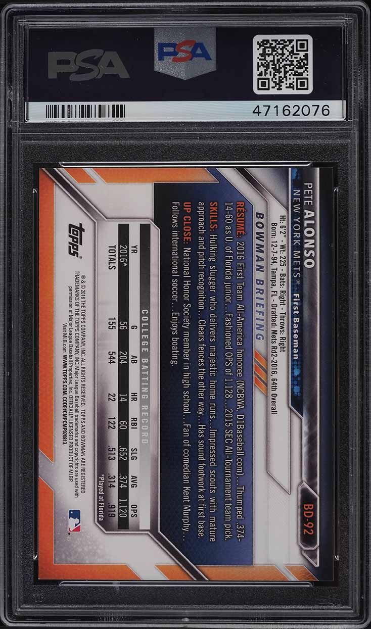 2016 Bowman Draft Pete Alonso PROSPECT #BD92 PSA 9 MINT