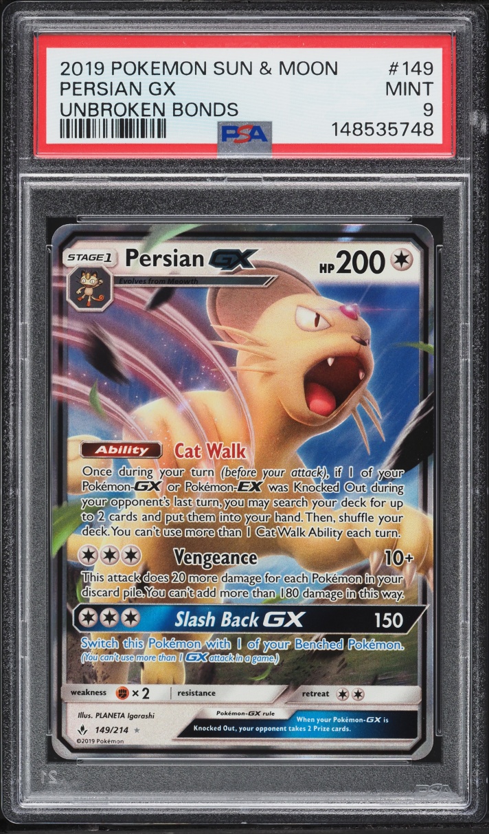 2019 Pokemon Sun & Moon Unbroken Bonds Persian GX #149 PSA 9 MINT