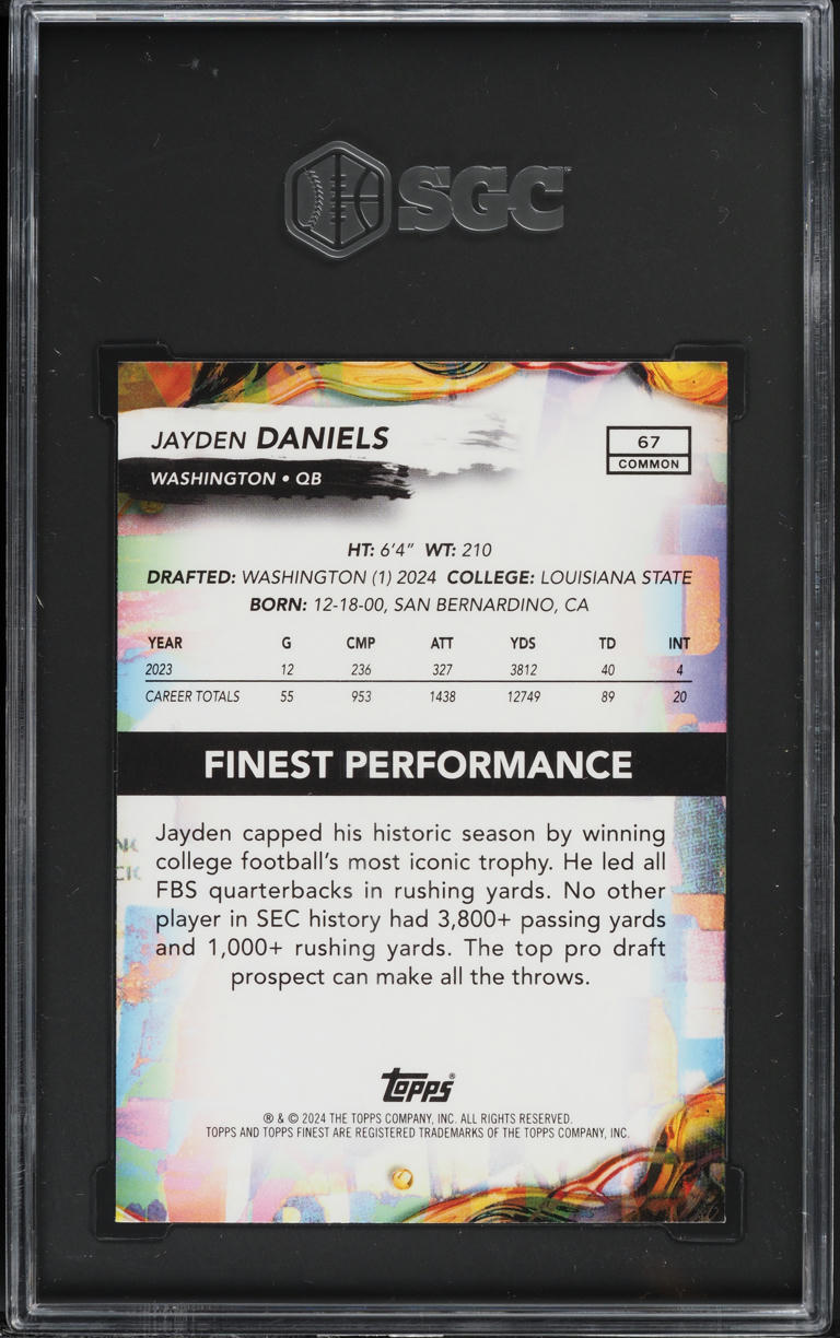 2024 Finest Football Jayden Daniels ROOKIE #67 SGC 9.5 MINT+