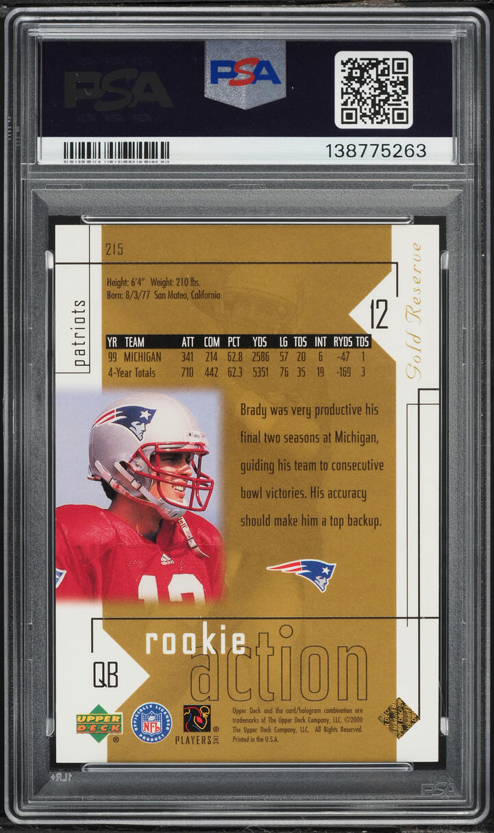 2000 Upper Deck Gold Reserve Tom Brady ROOKIE /2500 #215 PSA 8 NM-MT