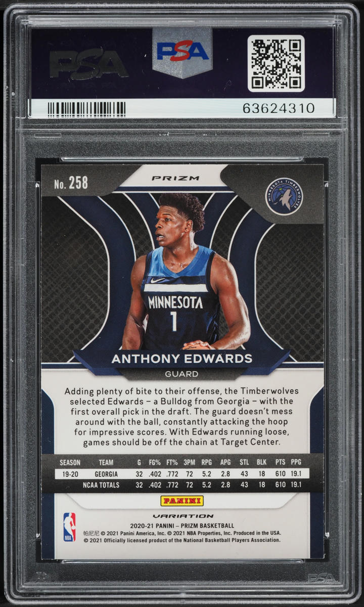 2020 Panini Prizm Variation Fast Break Anthony Edwards ROOKIE #258 PSA 10 GEM