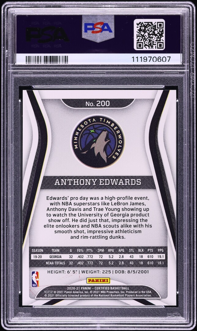 2020 Panini Certified Mirror Red Anthony Edwards ROOKIE #200 PSA 8 NM-MT