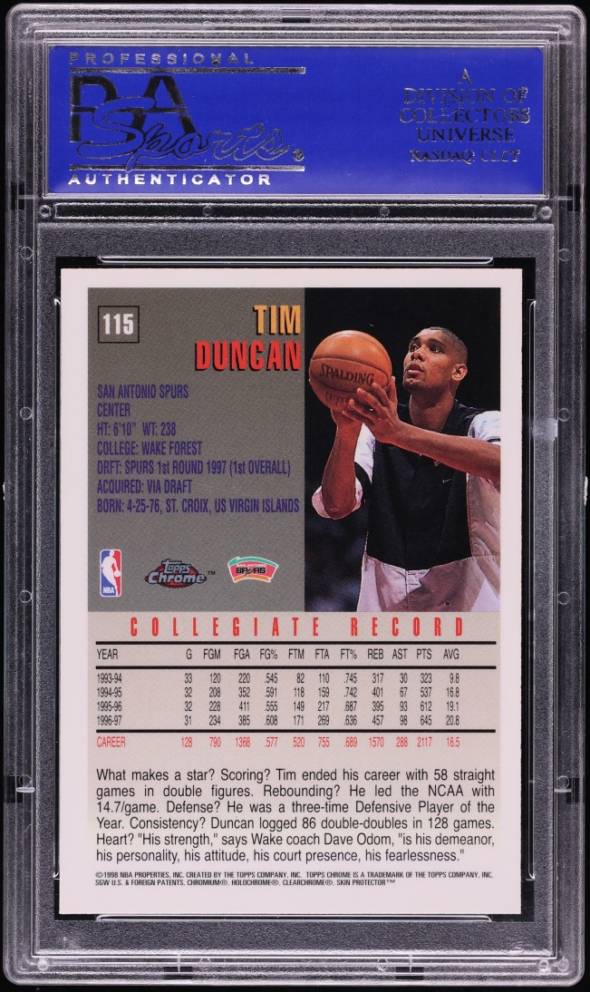 1997 Topps Chrome Tim Duncan ROOKIE #115 PSA 10 GEM MINT