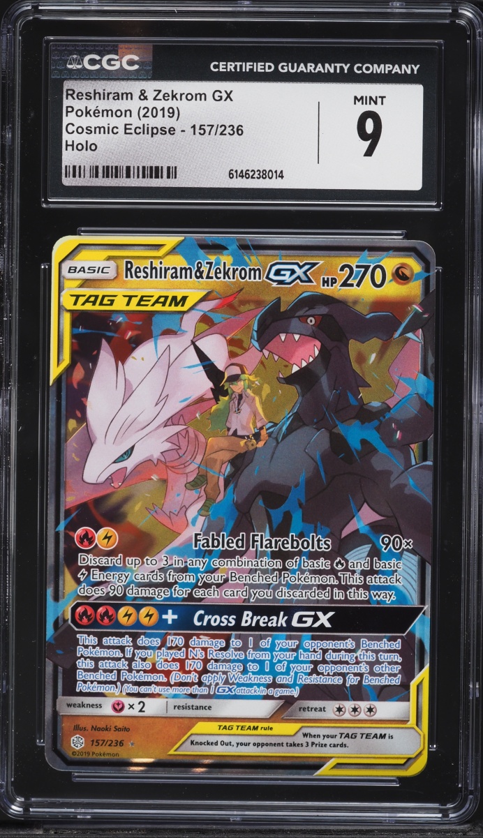 2019 Pokemon Sun & Moon Cosmic Eclipse Holo Reshiram & Zekrom GX #157 CGC 9 MINT