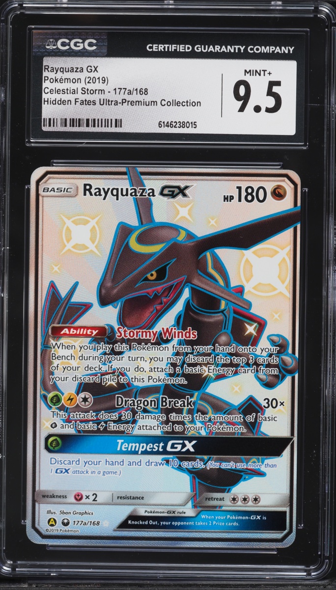 2019 Pokemon Sun & Moon Hidden Fates Premium Full Art Shiny Rayquaza GX #177a CGC 9.5 MINT+
