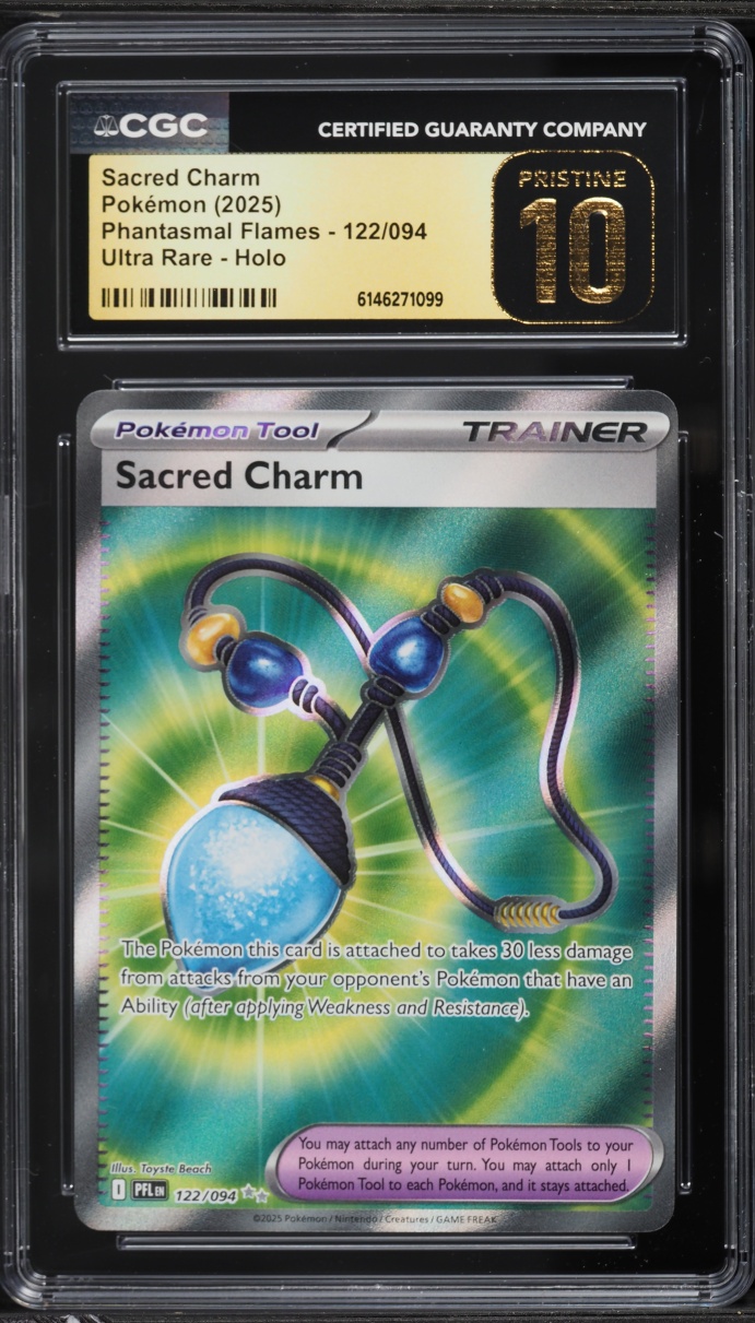 2025 Pokemon Mega Evolution Phantasmal Flames Full Art Sacred Charm #122 CGC 10 PRISTINE