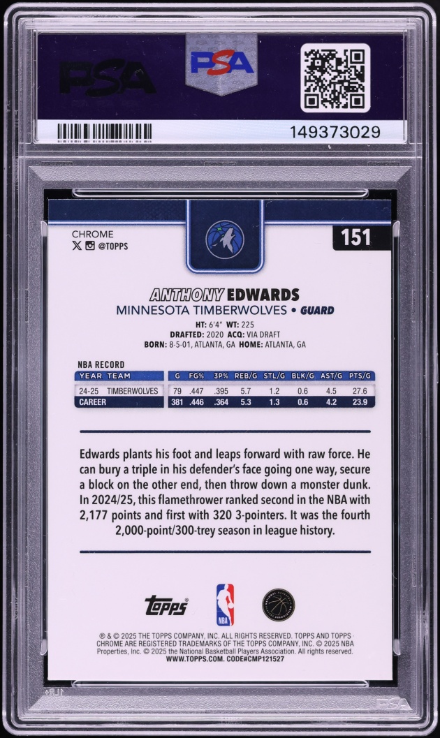 2025 Topps Chrome Sapphire Edition Anthony Edwards #151 PSA 9 MINT