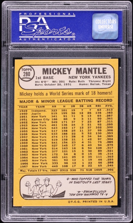 1968 Topps Mickey Mantle #280 PSA 6 EXMT