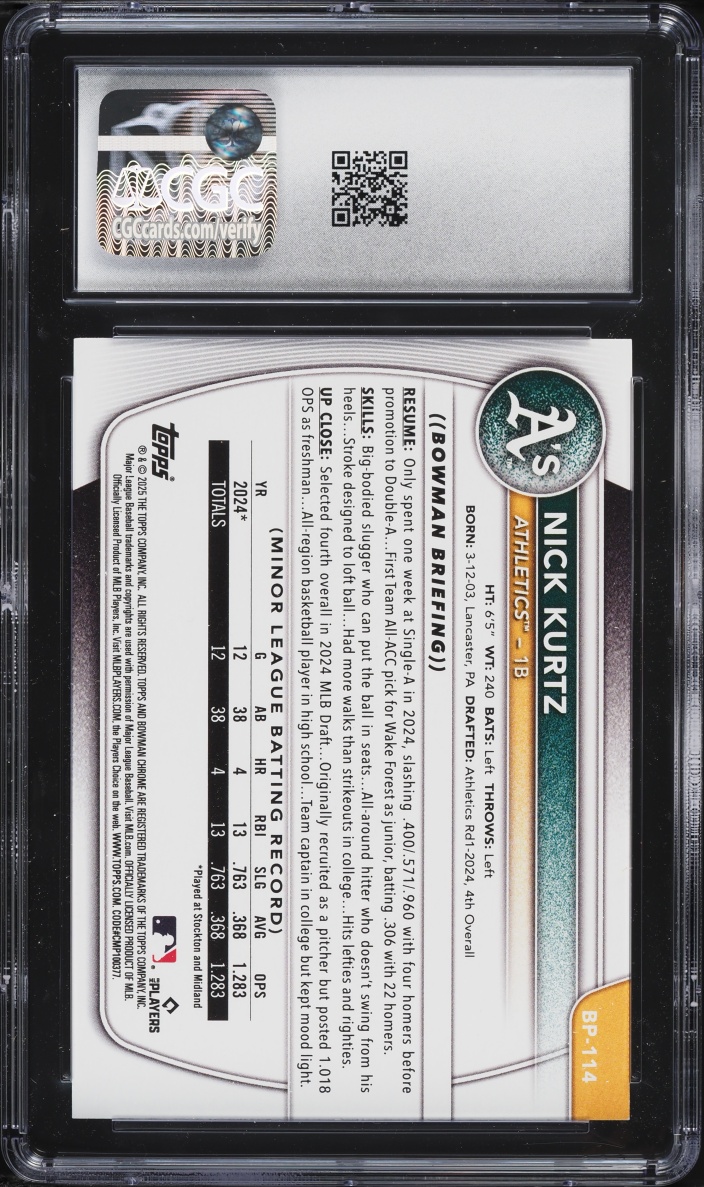 2025 Bowman Nick Kurtz PROSPECT #BP-114 CGC 10 GEM MINT