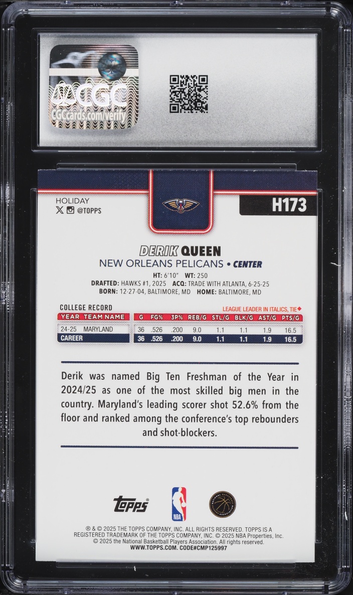 2025 Topps Holiday Derik Queen ROOKIE #H173 CGC 9.5 MINT+