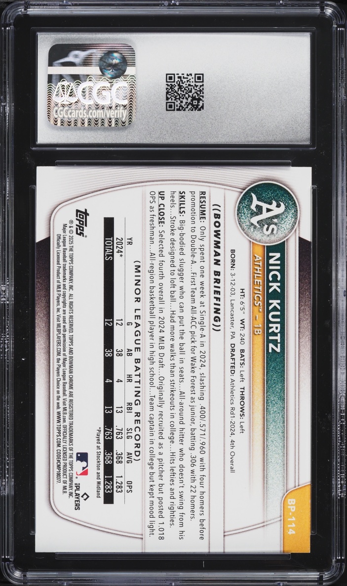 2025 Bowman Nick Kurtz PROSPECT #BP-114 CGC 10 GEM MINT