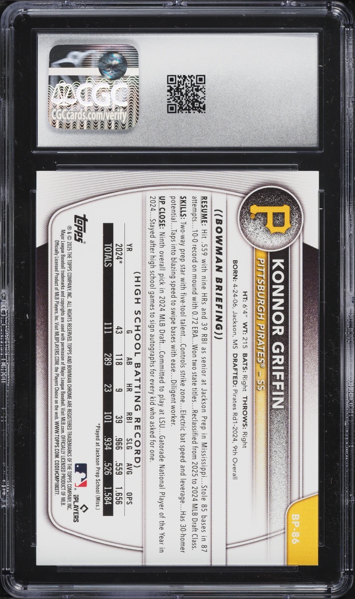 2025 Bowman Konnor Griffin PROSPECT #BP-86 CGC 8.5 NM-MT+