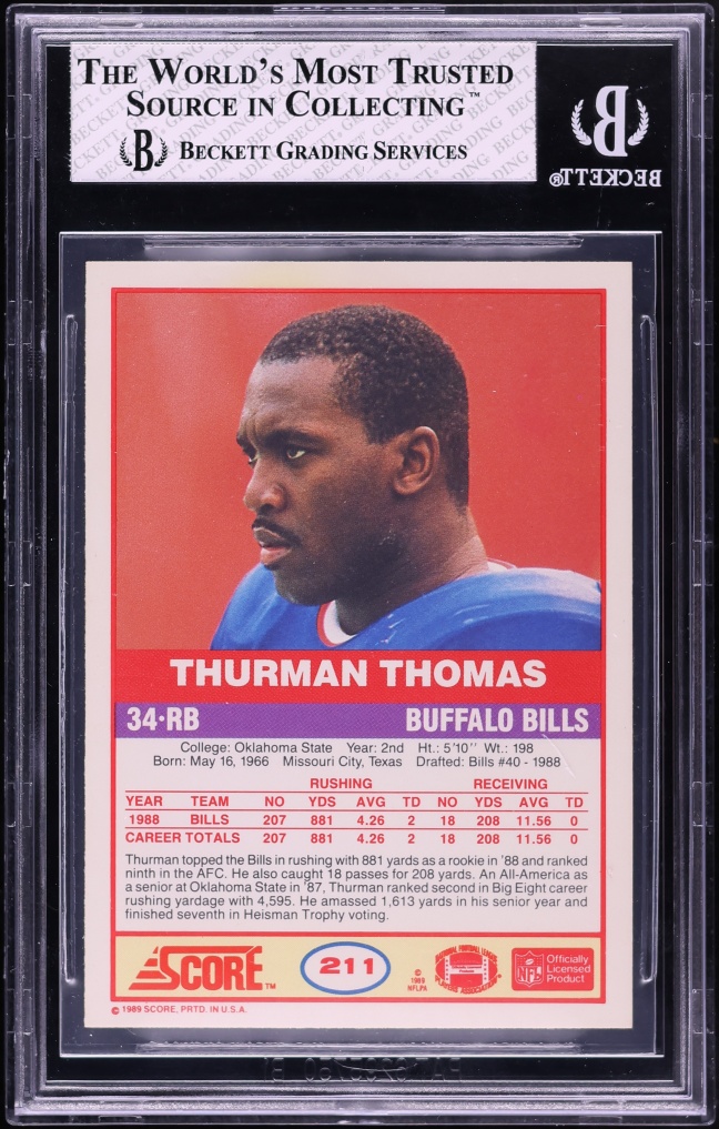 1989 Score Football Thurman Thomas ROOKIE #211 BGS 8 NM-MT