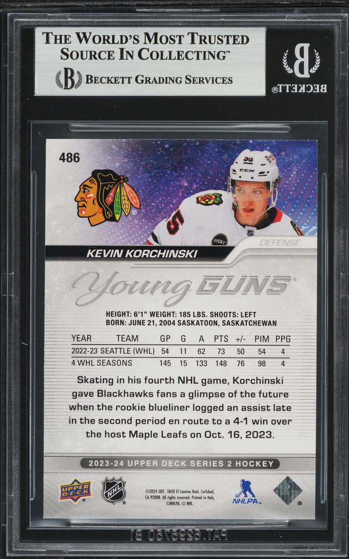 2023 Upper Deck Young Guns Outburst Silver Kevin Korchinski ROOKIE #486 BGS 9