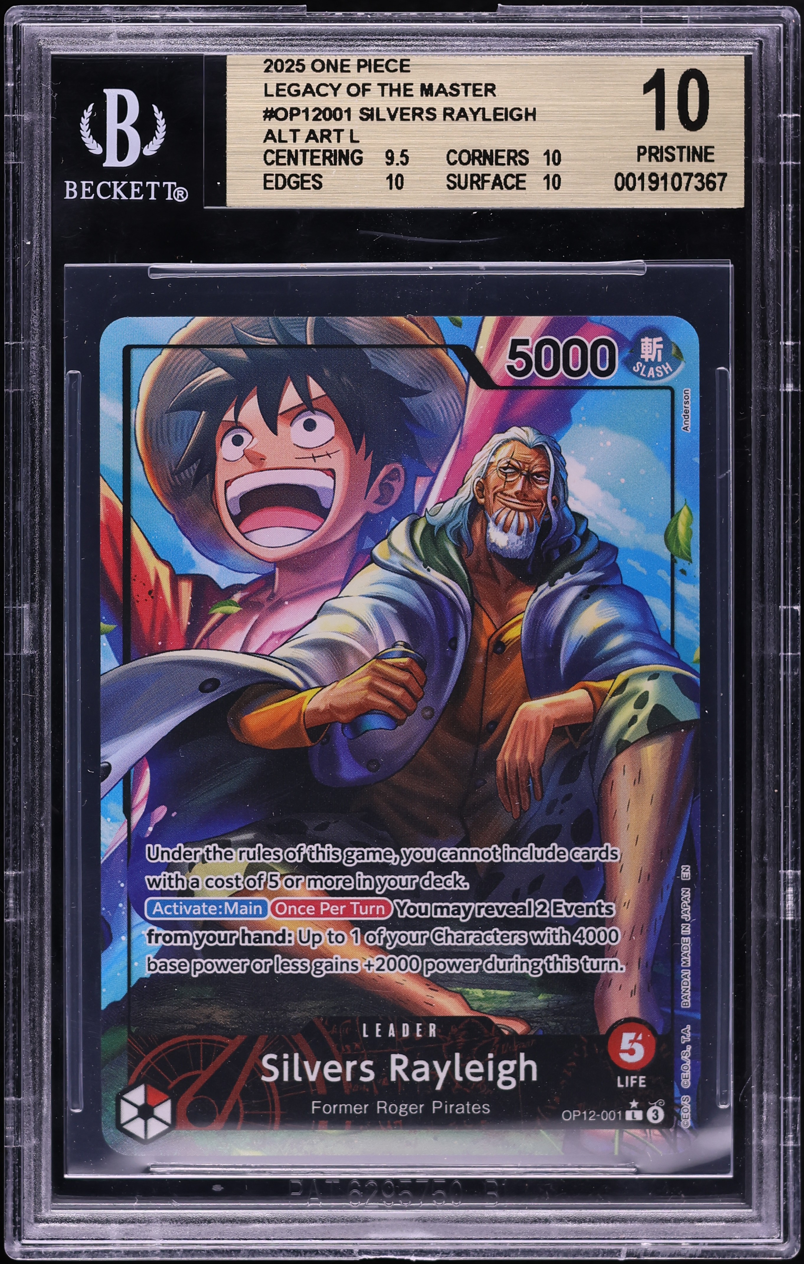 2025 One Piece Legacy Of The Master Alt Art Leader Silvers Rayleigh #OP12-001 BGS 10 PRISTINE