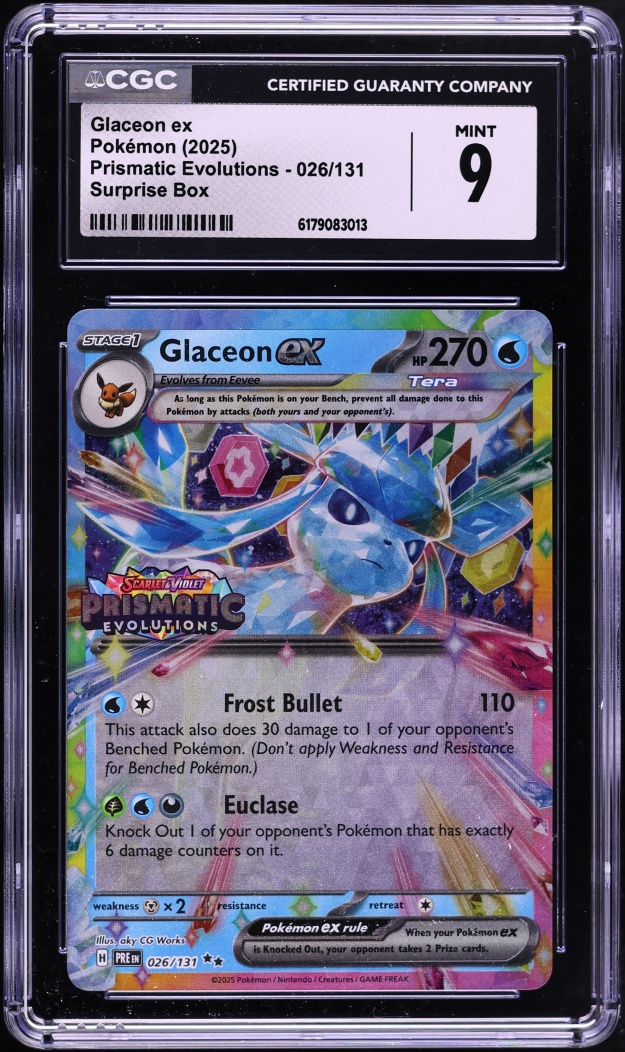 2025 Pokemon Scarlet & Violet Prismatic Evolutions Surprise Box Holo Glaceon ex #26 CGC 9 MINT