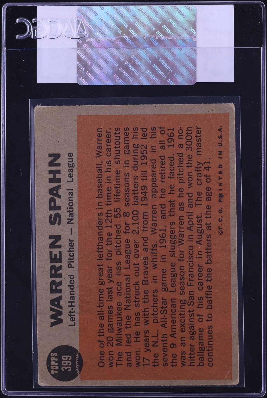1962 Topps All-Star Warren Spahn #399 CGC AUTH
