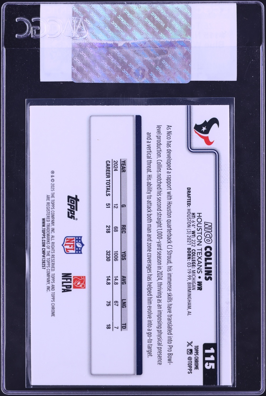 2025 Topps Chrome Blue Wave Refractor Nico Collins /150 #115 CGC AUTH