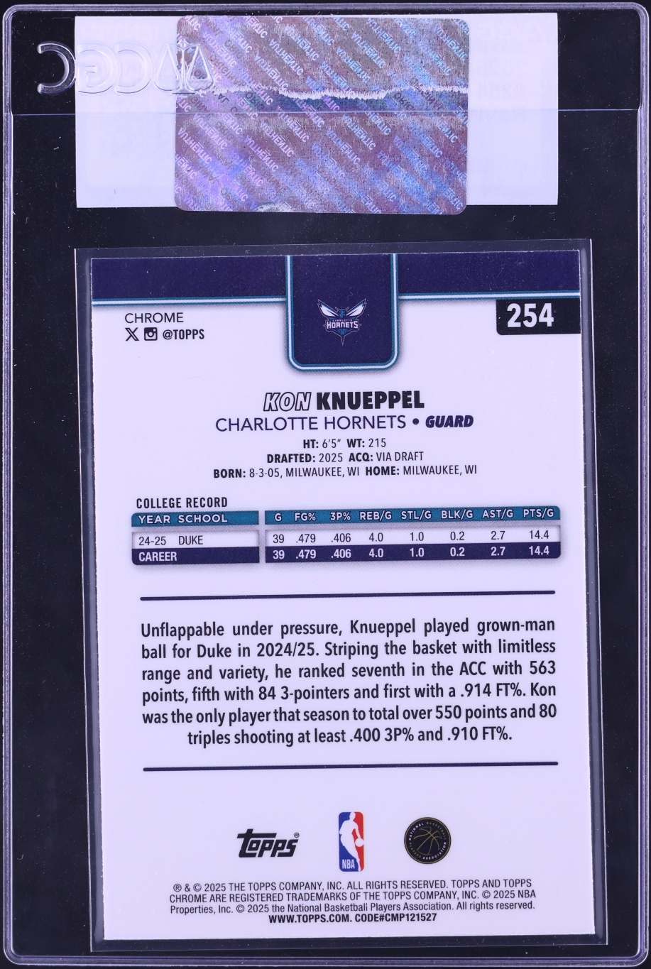 2025 Topps Chrome RayWave Refractor Kon Knueppel ROOKIE #254 CGC AUTH